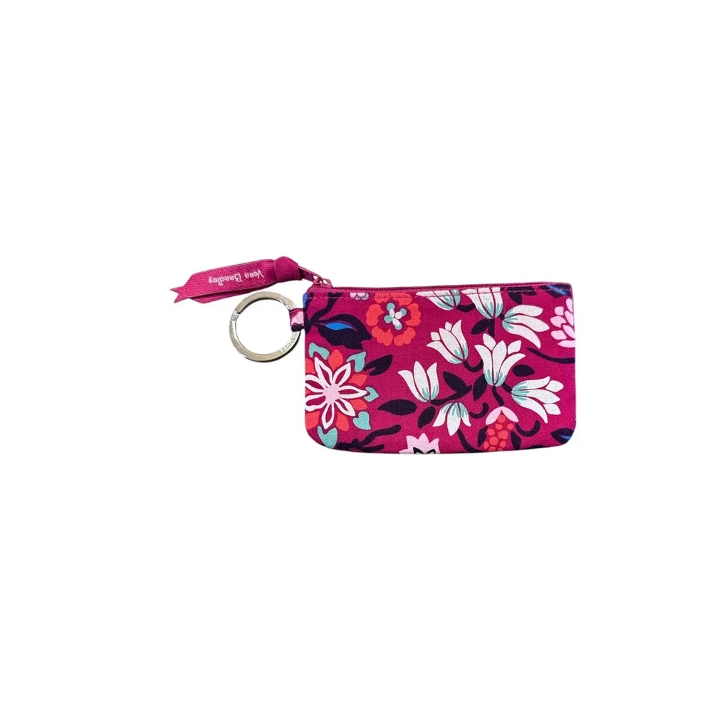 Vera Bradley Bloom Berry Floral Zip‎ ID Case Keychain Wallet Card Holder
